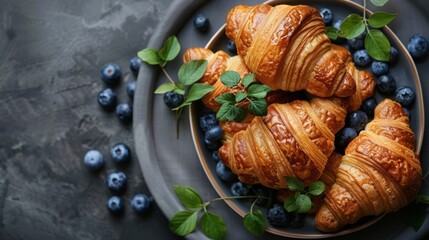 Wall Mural - Croissants With Blueberries on a Plate