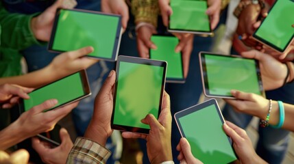 Poster - group of hands holding a variety of tablets with green mock-up screens, 