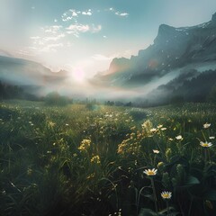 Wall Mural - a scenic mountain landscape with daisies and flowers at sunset