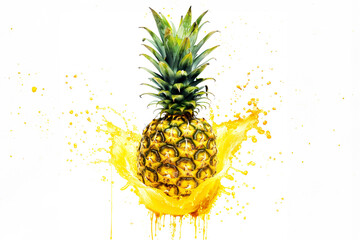 Wall Mural - Pineapple with juice splash on white background. Tropic sweet fruit.