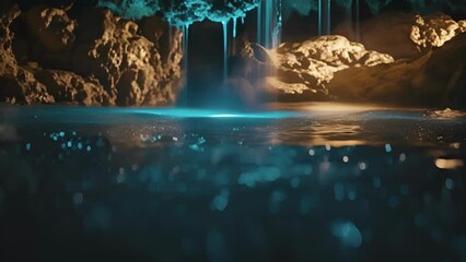 Wall Mural - An underground river flows through a cave the water illuminated by the sparkling glow of luminescent algae.