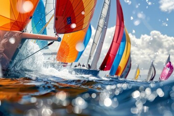 Wall Mural - A group of sailboats fiercely racing in the ocean, colorful sails billowing in the wind