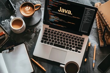 Top view of a programmers desk with an open laptop displaying Java code and a cup of coffee next to it