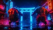 © ธนากร บัวพรหม - Neon Sumo Showdown Two sumo wrestlers in a detailed, artistic depiction, set in a futuristic Japan with neon lights highlighting their bold, dreamy forms