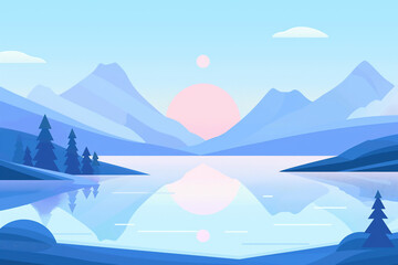 Wall Mural - A serene mountain landscape with a large body of water and a pink sun in the sky