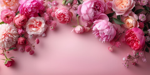 Wall Mural - Peonies roses on pink background