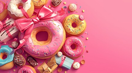 Sweet and Delicious Donuts Background, Isolated Food Cake Dessert Pastry White Bakery. Chocolate Donuts Background Sprinkles Pink Donuts Colorful Decorated Glaze Candy Eat Cookie Blue Sugar Birthday M