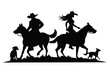 © mobarok8888 - A black vector silhouette of a cowboy and cowgirl riding horses together. There is also a dog