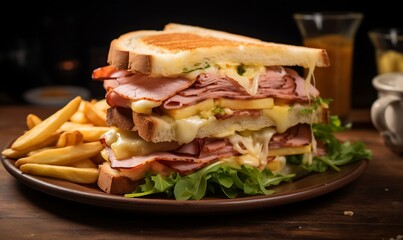 Wall Mural - Ham and omelette club sandwich and potatoes on a dark background.