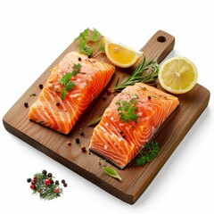 Wall Mural -  Two salmon fillets on a cutting board Herbs, lemons, and a parsley sprig alongside