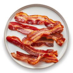 Canvas Print -  A white table bears a plate with bacon strips atop it, near a steaming cup of coffee and a transparent glass filled with water