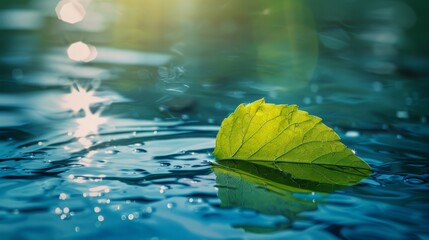 Wall Mural -  A green leaf hovers above water, surrounded by another green leaf and droplets of water