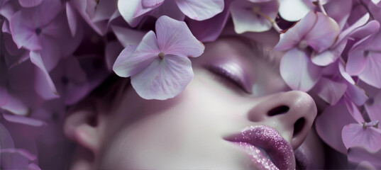 Wall Mural - Close-up portrait of a girl with purple flowers on her head and glitter on her face
