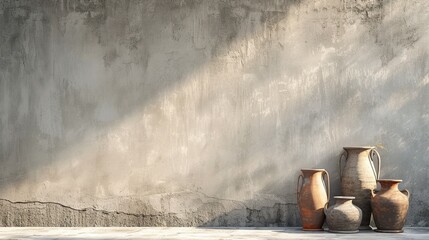 Wall Mural - Architecture background with clay pots on concrete wall interior. Generative Ai