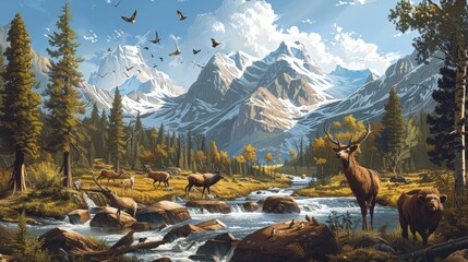 An illustration of a wildlife landscape with mountains, rivers, and a variety of animals