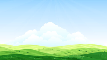 Spring landscape with green hills, meadows and pastures. Blue sky and clouds in the background. Design for poster, background, wallpaper, invitation. Vector illustration.