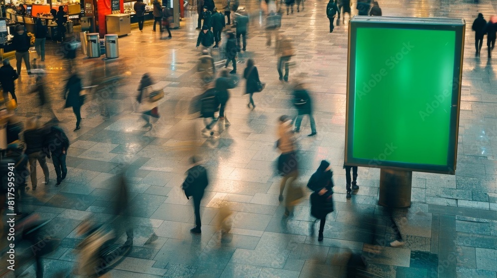 Aerial photo of a crowded public square, motion blur as people walk ...