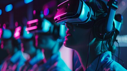 Poster - vr team with headsets creates immersive worlds, advancing vr tech.