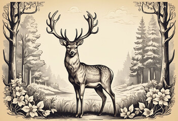 Noble deer in graphic style, sketch vintage illustration