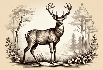 Noble deer in graphic style, sketch vintage illustration