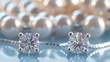 Sticker -  A pair of diamond earrings atop a table Nearby, a white beaded necklace and a bowl of white balls