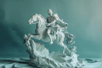 Wall Mural - 3d rendering of ancient greek -roman statue riding horse . Creative concept colorful neon image with teal- light blue color background, fashionable, trendy ,isolated background