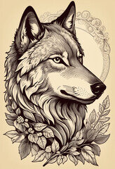 Wall Mural - Noble wolf in graphic style, sketch vintage illustration