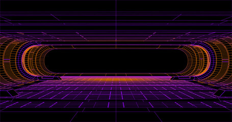 Poster - Wire low poly frame of a futuristic corridor or tunnel, consisting of lines and polygons in neon color on a black background. vector illustration.