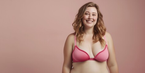 Embracing Self-Love. Confident Woman Celebrates Body Positivity. Happy natural girl in pink underwear on a plain backdrop. Female smile radiates self-assurance and contentment