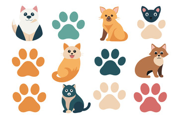 Wall Mural - Set of Cat paw vector dog paw cat breed vector doodle illustration character Silhouette Design with white Background and Vector Illustration