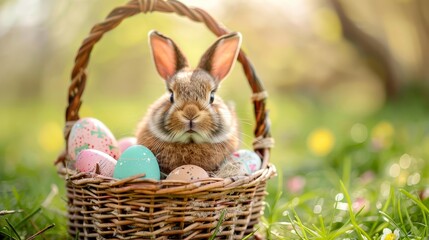 Wall Mural -  A brown bunny sits in a woven basket overflowing with eggs Surrounding the scene is a lush, green grassy field dotted with trees in the distance