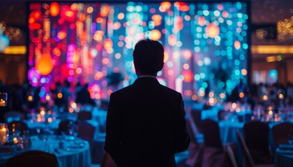 the picture shows a man standing with his back to the camera. he is looking at a stage with a lot of