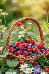 Wall Mural - Basket with different berries in a garden with daisies. Selective focus.