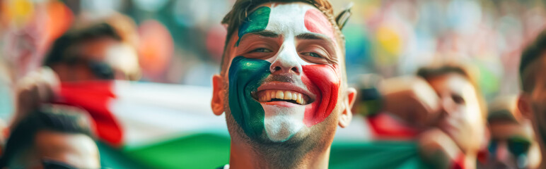 Wall Mural - Happy Italian male supporter with face painted in Italian flag, Italian male fan at a sports event