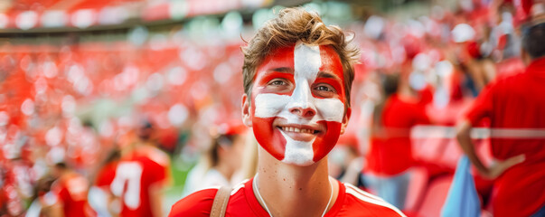 Wall Mural - Happy Swiss male supporter with face painted in Swiss flag, Swiss male fan at a sports event