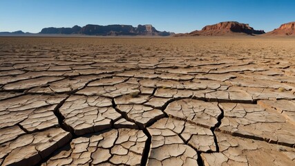 Cracked and barren land under a clear sky with distant mountains on the horizon