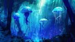 © Multiverse - A painting featuring jellyfish gracefully moving through a mystical blue forest setting