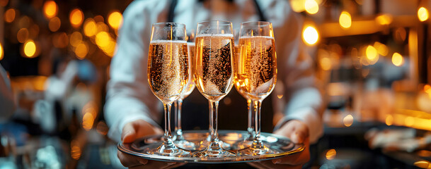 elegant waiter hands holding a tray with glasses filled with a sparkling welcome drink