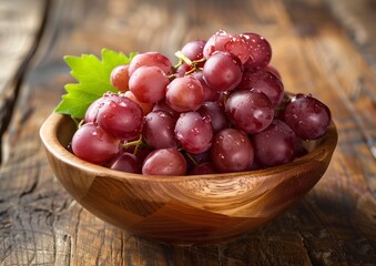 Fresh Ripe Red Grapes with Water Droplets in Wooden Bowl on Rustic Table