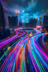 Two parallel expressways cutting through the cityscape, stretching into the distance. Rather than traditional vehicle lights, the expressways are illuminated with vibrant, swirling lights