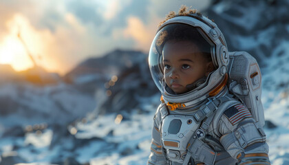Wall Mural - a child in a space suit is walking through space by ai generated image
