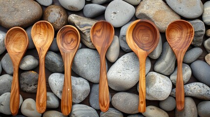 Top-down shot of wooden spoons on a backdrop of smooth stones, emphasizing a clean and natural kitchen aesthetic, isolated and studio-lit