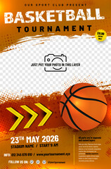 Poster - Basketball tournament poster template with ball, arrows and place for your photo