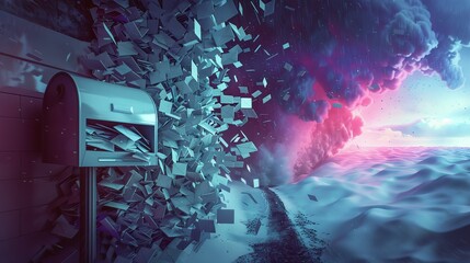 Poster - A mailbox is destroyed by a blast of wind, with a large cloud of smoke in the background