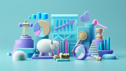 Aufkleber - A colorful image of a piggy bank and a magnifying glass with a bunch of other objects