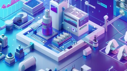 Poster - A futuristic cityscape with a lot of buildings and a lot of technology. The buildings are white and the city is blue