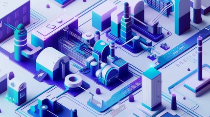 Fototapete - A cityscape with a large industrial plant in the center. The buildings are blue and white, and the sky is a light blue color. Scene is industrial and urban