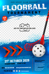 Sticker - Floorball tournament poster template with ball, stick, arrows and place for your photo