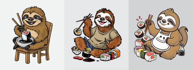 Sticker - Happy sloth enjoying sushi with a big smile, Generative AI