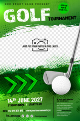 Wall Mural - golf tournament poster template with ball, club, arrows and place for your photo